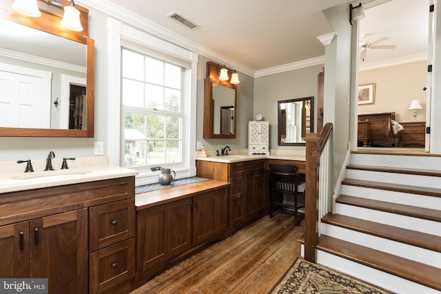 3401 Old Level Rd, Havre De Grace, MD 21078 - full bathroom with hardwood / wood-style floors, ornamental molding, ceiling fan, double vanity, and ensuite bathroom