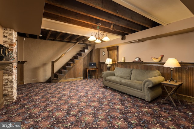 3401 Old Level Rd, Havre De Grace, MD 21078 - carpeted living area with wooden walls, stairway, and a chandelier