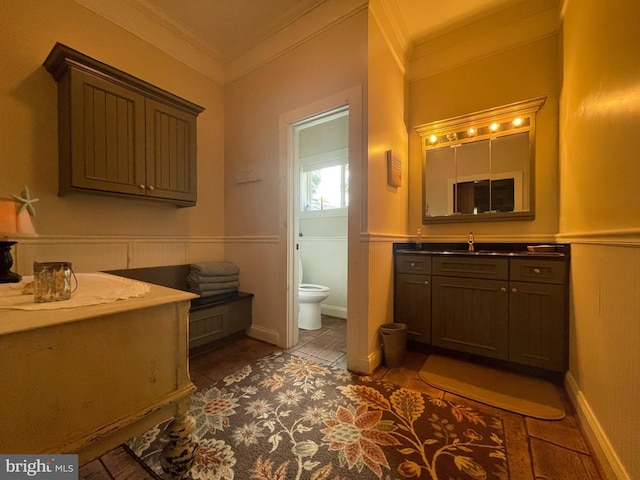 3401 Old Level Rd, Havre De Grace, MD 21078 - bathroom with ornamental molding, vanity, toilet, and a wainscoted wall