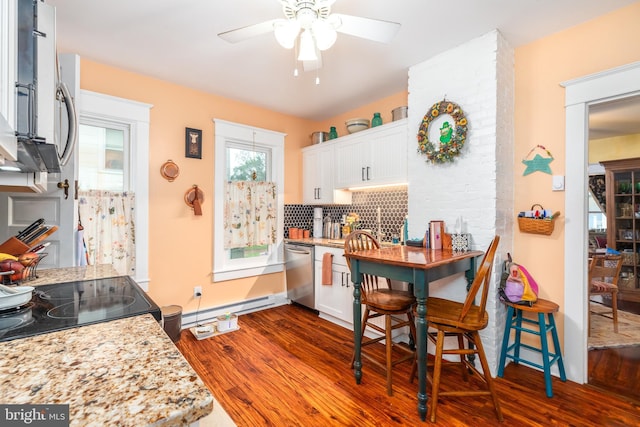 kitchen featuring ceiling fan, stainless steel dishwasher, dark wood-style floors, and white cabinets