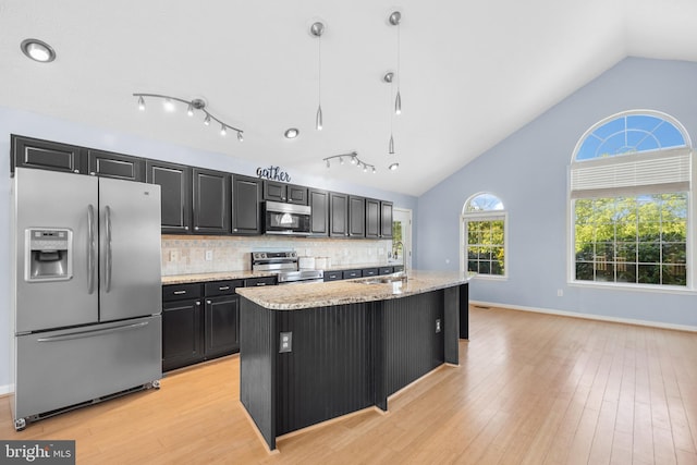 111 Fox Hill Rd, Front Royal, VA 22630 - kitchen featuring appliances with stainless steel finishes, dark cabinetry, a sink, a kitchen island with sink, and light wood-style flooring