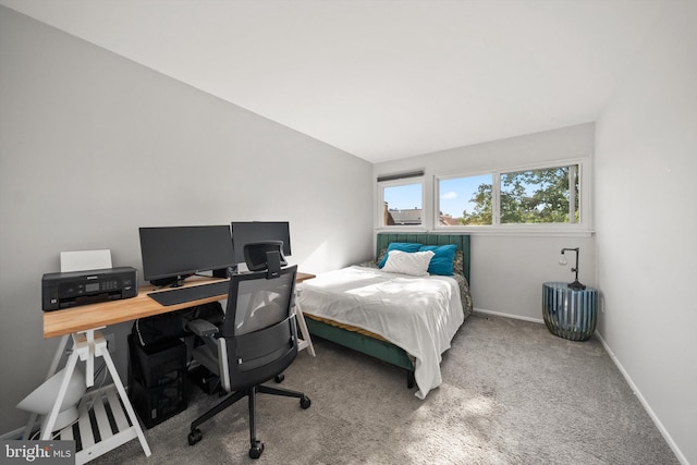 carpeted bedroom featuring baseboards and lofted ceiling