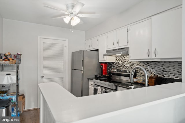 kitchen with ceiling fan, under cabinet range hood, tasteful backsplash, dark wood finished floors, and stainless steel appliances