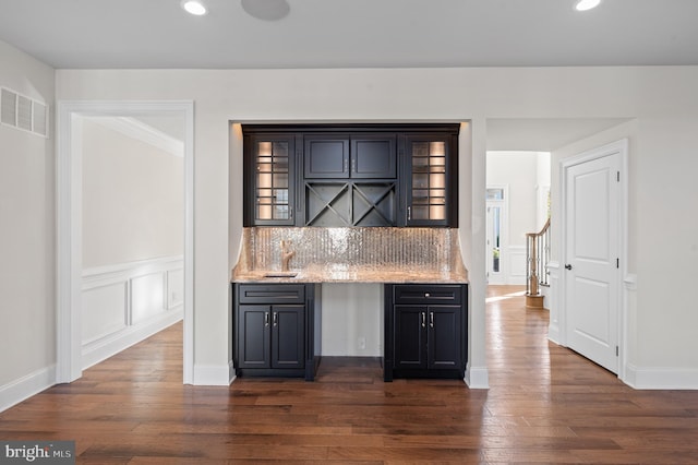 3703 Biddle Ln, Newtown Square, PA 19073 - bar with dark wood-style flooring, recessed lighting, visible vents, and decorative backsplash