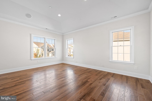 3703 Biddle Ln, Newtown Square, PA 19073 - spare room with baseboards, ornamental molding, dark wood-type flooring, and visible vents