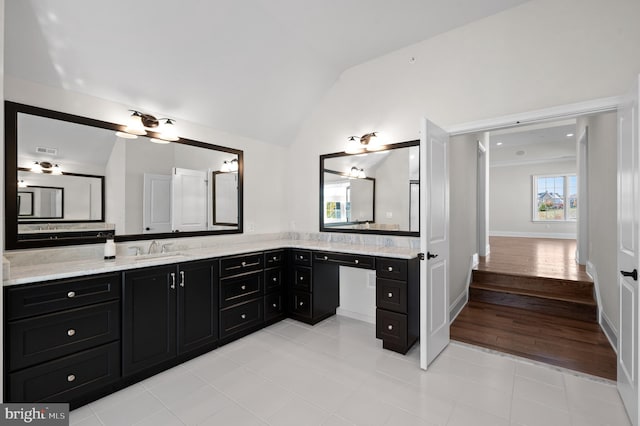 3703 Biddle Ln, Newtown Square, PA 19073 - bathroom featuring vanity, tile patterned floors, vaulted ceiling, and visible vents