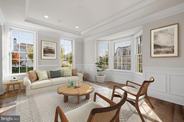3703 Biddle Ln, Newtown Square, PA 19073 - sitting room featuring crown molding, a raised ceiling, wood finished floors, and wainscoting