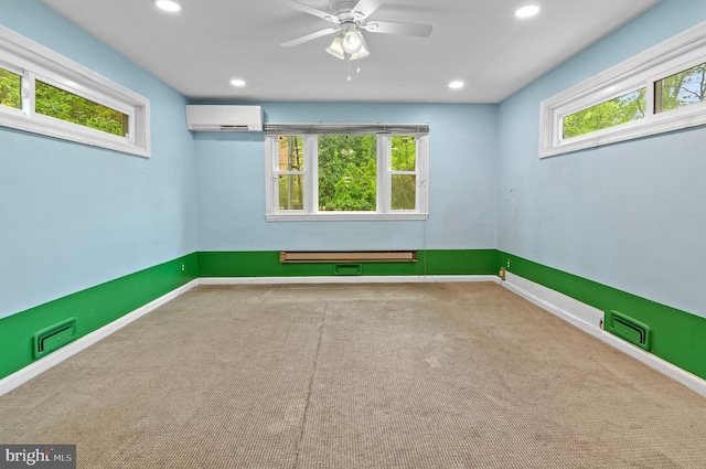 6248 Woodcrest Ave, Baltimore, MD 21209 - carpeted empty room featuring baseboards, a wall mounted air conditioner, a baseboard radiator, and recessed lighting