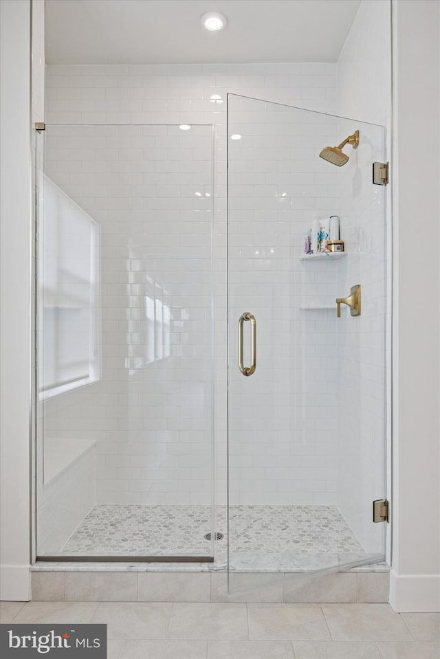 9 Mill Creek Dr, Doylestown, PA 18901 - bathroom featuring recessed lighting, baseboards, a shower stall, and tile patterned flooring