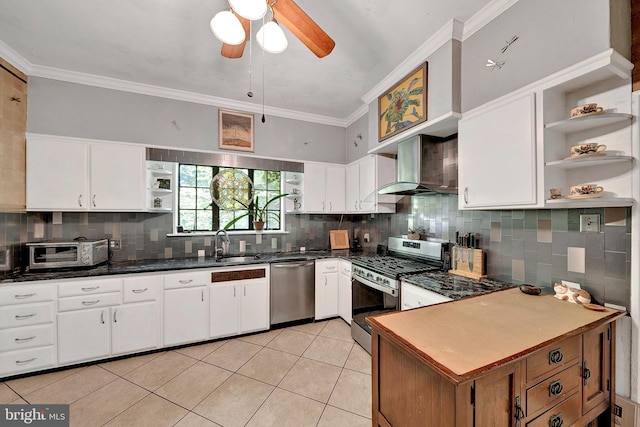 218 Parkside Ave, Trenton, NJ 08618 - kitchen featuring appliances with stainless steel finishes, wall chimney range hood, open shelves, ornamental molding, and ceiling fan