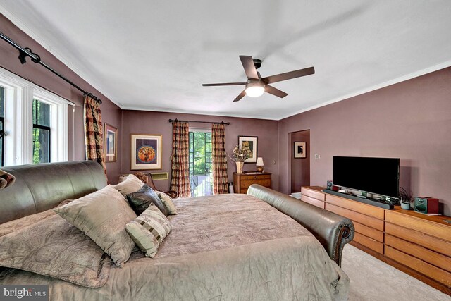 218 Parkside Ave, Trenton, NJ 08618 - bedroom with ornamental molding, carpet flooring, a ceiling fan, and access to exterior