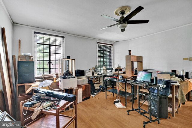 218 Parkside Ave, Trenton, NJ 08618 - office area featuring wood finished floors, a ceiling fan, and ornamental molding