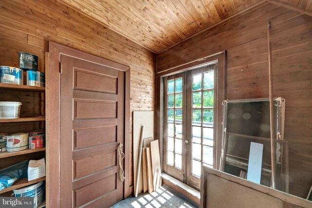 218 Parkside Ave, Trenton, NJ 08618 - doorway to outside with wooden walls, french doors, and wooden ceiling