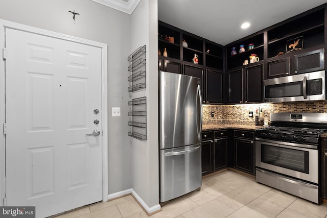 kitchen featuring decorative backsplash, open shelves, ornamental molding, stainless steel appliances, and light tile patterned flooring
