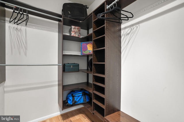 walk in closet with wood finished floors