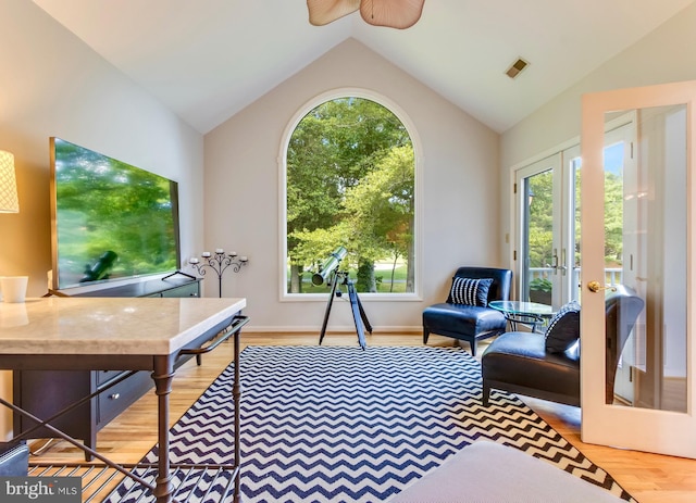 117 Kings Creek Cir, Rehoboth Beach, DE 19971 - office space featuring wood finished floors, healthy amount of natural light, lofted ceiling, ceiling fan, and french doors