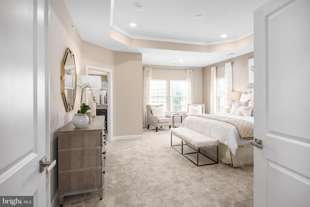 bedroom featuring crown molding, carpet flooring, a raised ceiling, and recessed lighting