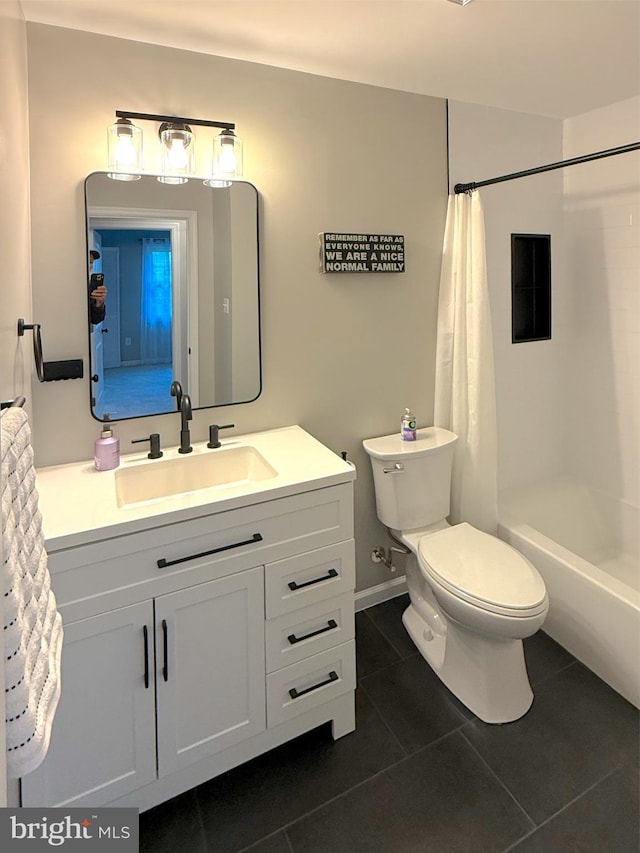 full bathroom with tile patterned flooring, toilet, shower / bath combo, and vanity
