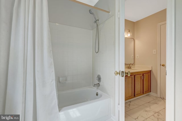 73 Mcpherson Cir, Sterling, VA 20165 - full bath with marble finish floors, shower / bath combo, vanity, and baseboards