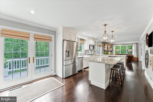 kitchen featuring plenty of natural light, a kitchen island, stainless steel appliances, and dark wood-style flooring