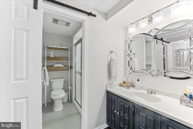 bathroom featuring vanity, toilet, tile patterned floors, a shower stall, and visible vents