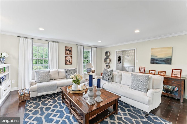 living room with recessed lighting, dark wood finished floors, and ornamental molding