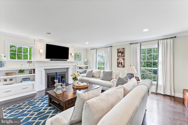 living area featuring crown molding, recessed lighting, a glass covered fireplace, and a healthy amount of sunlight