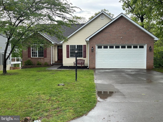 ranch-style home featuring driveway, brick siding, a garage, and a front yard