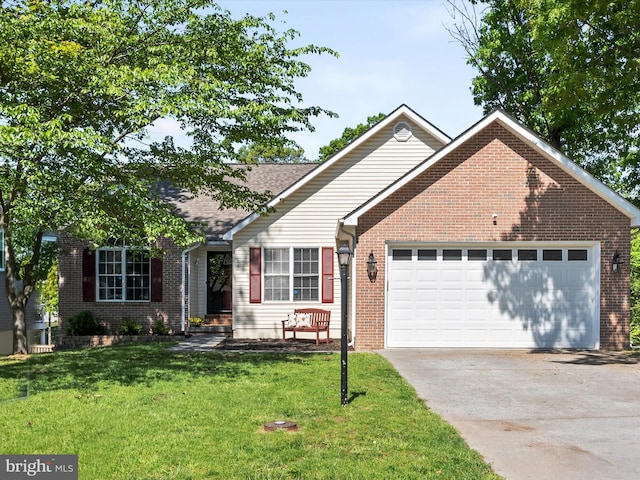 112 Rebels Cir, Winchester, VA 22602 - ranch-style home featuring a garage, concrete driveway, a front lawn, and brick siding