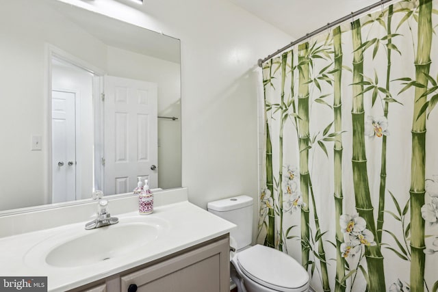 full bathroom with toilet, vanity, and a shower with curtain