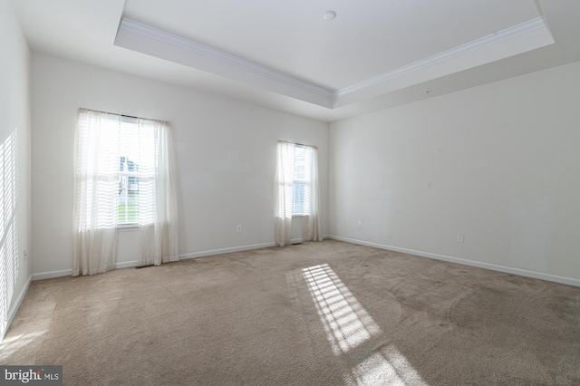 spare room with a tray ceiling, light colored carpet, ornamental molding, and baseboards