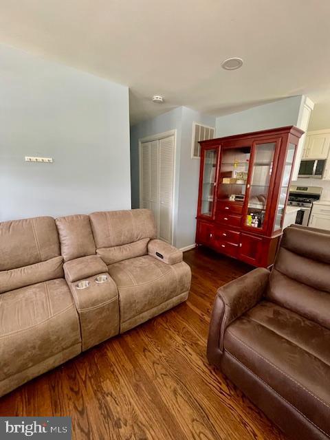 living room featuring dark wood-type flooring