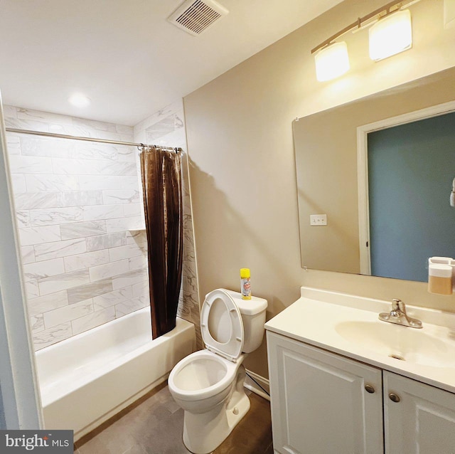 full bathroom with vanity, shower / bathtub combination with curtain, toilet, and visible vents