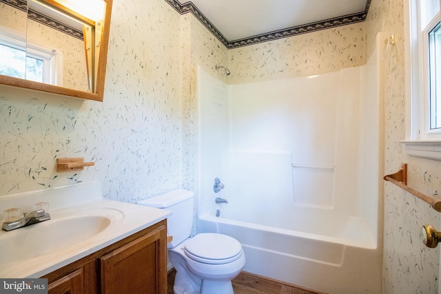 full bathroom featuring plenty of natural light, toilet, vanity, and shower / bathtub combination