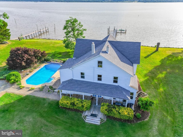 drone / aerial view featuring a water view