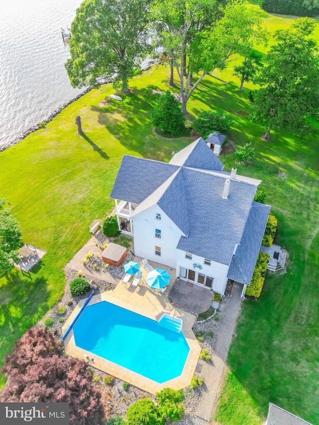 birds eye view of property featuring a water view
