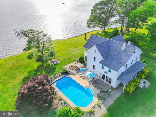 drone / aerial view with a water view