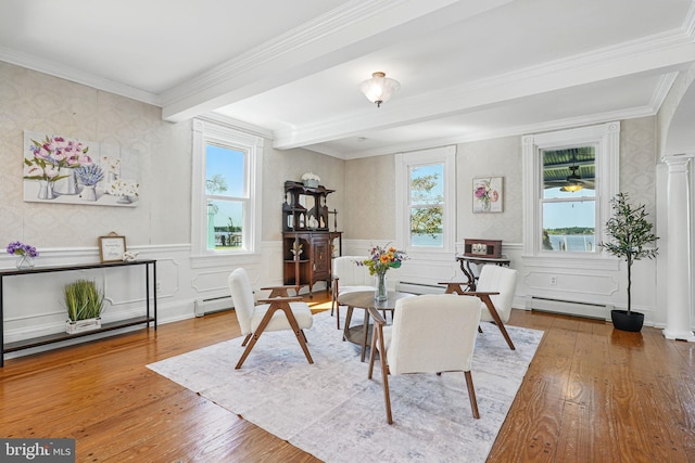 living area with a healthy amount of sunlight, a wainscoted wall, and a baseboard radiator