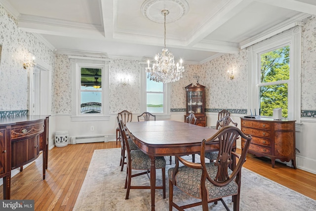 dining space with wainscoting, wallpapered walls, hardwood / wood-style floors, and a notable chandelier