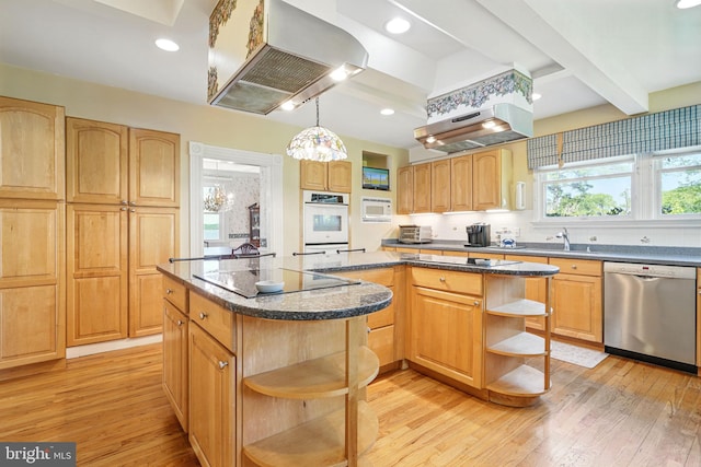 kitchen with open shelves, black electric stovetop, wall chimney exhaust hood, and dishwasher