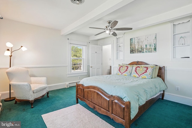bedroom featuring baseboards, a baseboard radiator, carpet, and beamed ceiling