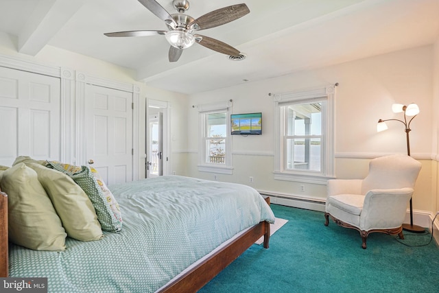 carpeted bedroom featuring a ceiling fan, a baseboard heating unit, beam ceiling, and visible vents