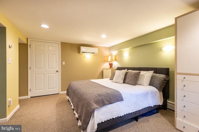 carpeted bedroom with a wall mounted air conditioner, baseboards, recessed lighting, and a baseboard heating unit