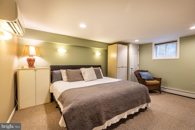 bedroom with light colored carpet, a wall mounted air conditioner, baseboards, and a baseboard radiator