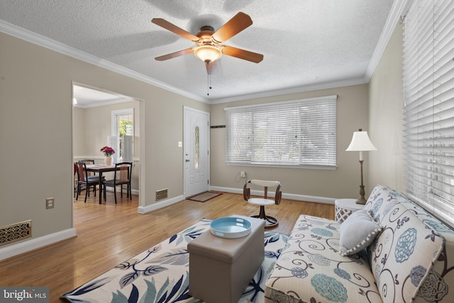 412 Linda Ave, Linthicum Heights, MD 21090 - living area featuring light wood-style flooring, a textured ceiling, a ceiling fan, crown molding, and baseboards