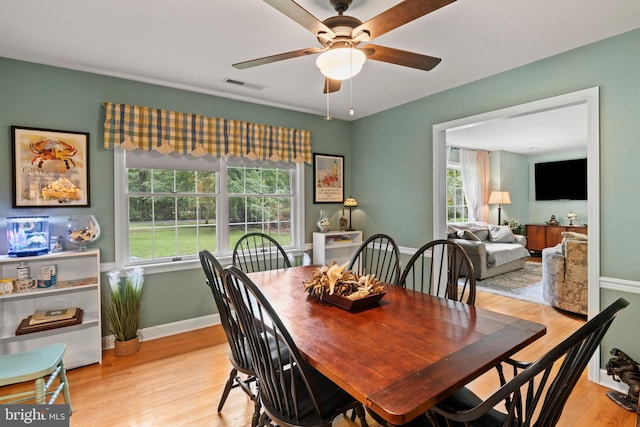 8543 Ingleton Rd, Easton, MD 21601 - dining area featuring healthy amount of natural light, ceiling fan, light wood-type flooring, and baseboards
