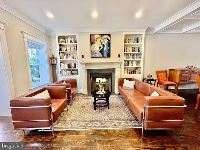 3612 S St NW, Washington, DC 20007 - living area featuring recessed lighting, built in shelves, crown molding, wood finished floors, and a fireplace