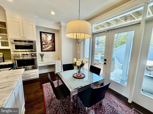 3612 S St NW, Washington, DC 20007 - dining space featuring crown molding, dark wood-style floors, visible vents, and recessed lighting
