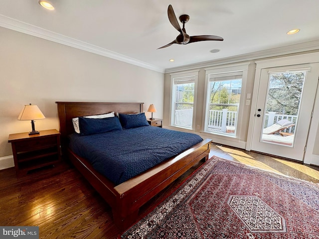 3612 S St NW, Washington, DC 20007 - bedroom with wood finished floors, a ceiling fan, crown molding, access to outside, and recessed lighting