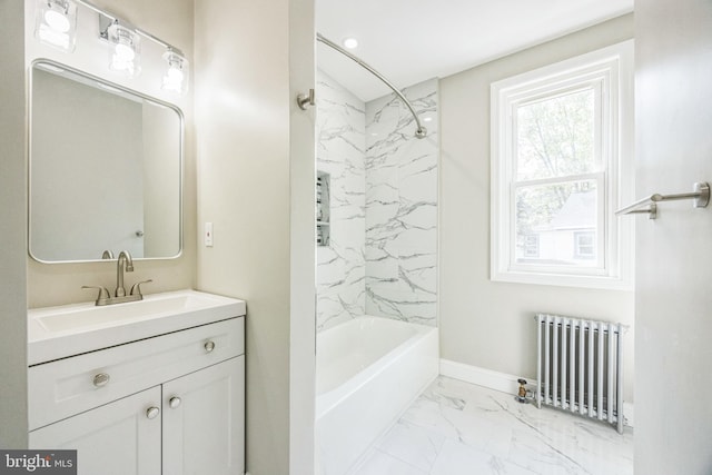 full bathroom with shower / washtub combination, baseboards, vanity, marble finish floor, and radiator